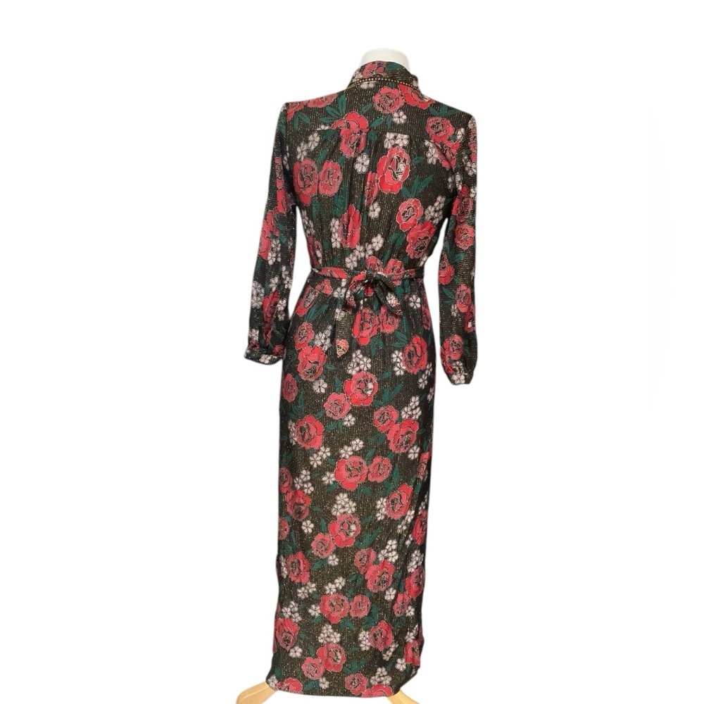 Vntg mandarin collar floral maxi dress with gold thread and tie back waist - Picture 4 of 7